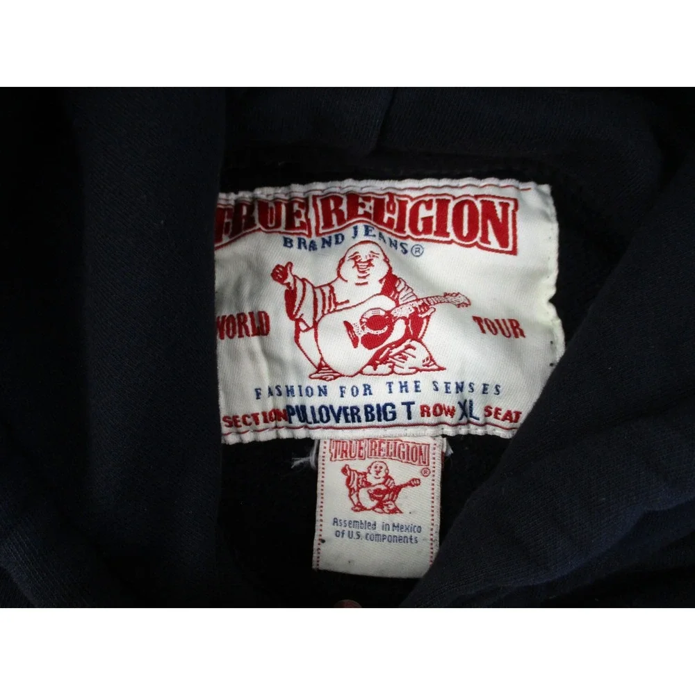 True Religion Hoodie Mens XL Black Big T Pullover Contrast Stitch Utility